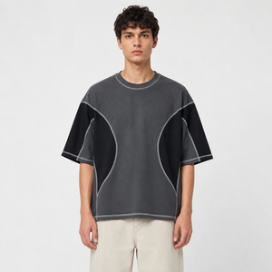 Camiseta Oversize para Hombre con Bloques de Color, Manga Corta, Cuello Redondo, Algodón Tejido, Estilo Casual Urbano, Diseño con Ribete en Contraste - Product Image 3