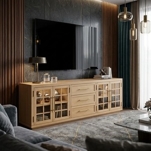 Modern Solid Oak Frame TV <b>Cabinet</b> with Arched Glass Doors and Three Drawer <b>Storage</b> for Contemporary Living <b>Rooms</b> - Product Image 1
