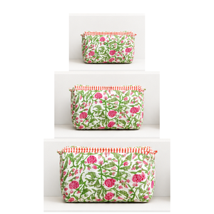 Premium Pink & Green Floral Jaipur Block Print Quilted Cotton Zip Closure Cosmetic <b>Bag</b> Set Of 3 Eco-friendly Durable Daily Use - Product Image 1