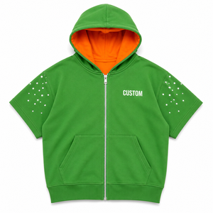 Trendy Short Sleeve Full <b>Zip</b> <b>Hooded</b> Sweatshirt Heavyweight Cotton Contrast Hoodie Unisex Color Block Hoodie With Rhinestones - Product Image 3