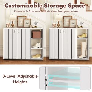 Scarpiera in bambù a 2 ante con ripiani regolabili, mobiletto portaoggetti a 3 livelli aperto e chiuso per ingresso, stile rustico bianco - Product Image 5