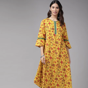 ชุดคุर्ตาผ้าแคมบริคคอตตอนพิมพ์ลายปักกระจกสไตล์เอธนิคแบบดั้งเดิมสำหรับฤดูร้อน สีมัสตาร์ด แห้งเร็ว ป้องกันแสงแดด เหมาะสำหรับงานเทศกาลและสวมใส่สบายๆ - Product Image 1