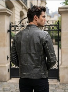 Mens Distressed Gray Genuine Leather Cafe Racer <b>Biker</b> <b>Jacket</b> Handmade <b>Vintage</b> Motorcycle <b>Jacket</b> - Product Image 2