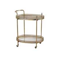 Chariot de bar ovale de luxe doré à 2 niveaux avec miroir en verre, chariot de service vintage en filigrane avec roulettes, mobilier de bar à domicile, décoration