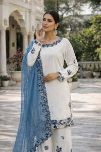 White Blue Traditional Indian Pakistani <b>Women</b> <b>Kurta</b> Set With Dupatta Loose Fit Ethnic Outfit All Seasons - Product Image 1
