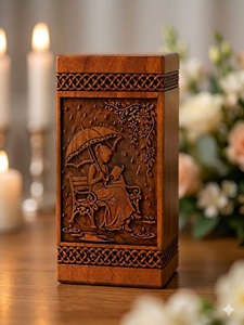Hand Carved American Style Wooden Pet & Baby <b>Memorial</b> Urn Woman Under Umbrella Keepsake <b>Box</b> - Product Image 2