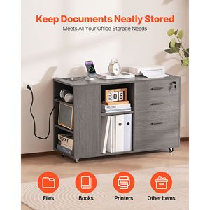 Armadietto Portadocumenti in Legno Regolabile a 3 Cassetti con Presa Elettrica, Mobile con Ruote e Ripiani Regolabili - Product Image 2