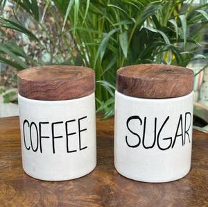 Hotselling Ceramic <b>Storage</b> Jar Set Coffee Sugar Typography Design Wooden Lid Airtight Durable <b>Kitchen</b> Organizer - Product Image 1