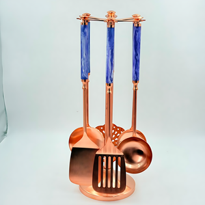 Juego de utensilios de cocina con acabado en cobre, 6 piezas, con mango de resina y soporte, utensilios de cocina vintage con acabado en cobre, portacubiertos hecho a mano. - Product Image 2