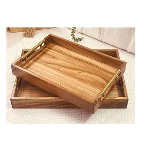 Handcrafted Wood <b>Tray</b> Set | <b>Large</b> Decorative Nesting Serving <b>Trays</b> with Brass Handles | Durable Solid Wood Food Server - Product Image 1