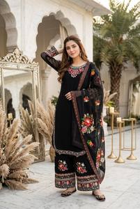 Ensemble Salwar Kameez pour femme en coton blanc brodé de fleurs trois quarts, pantalon palazzo long, châle, style de fête, tenue pakistanaise - Product Image 6