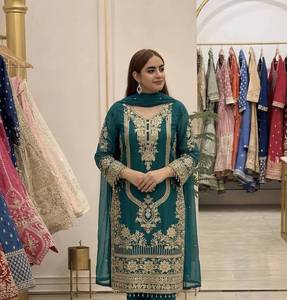 Green Embroidered Party Style Sun Protection <b>Kurta</b> Palazzo Set Dupatta Faux Georgette Top Palazzo Wrinkle Free <b>Women</b> Ankle - Product Image 3