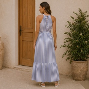 Halter Neck Striped Maxi Dress With Tiered Hem And <b>Tie</b> <b>Back</b> Boho Style Summer Casual Dress - Product Image 6
