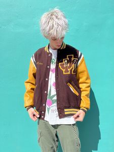 Unisex Varsity Jacket Brown Yellow Woolen Waterproof Embroidered Letter Logo <b>Turn</b>-down Collar Single <b>Button</b> Preppy Style Autumn - Product Image 2