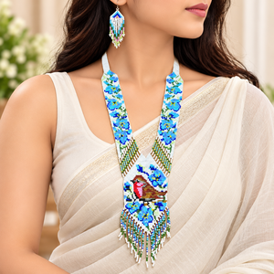 Ensemble collier et boucles d'oreilles pour femmes, plaqué or, avec perles, motif floral et oiseaux ethniques, bijoux élégants pour mariage et fête - Product Image 1