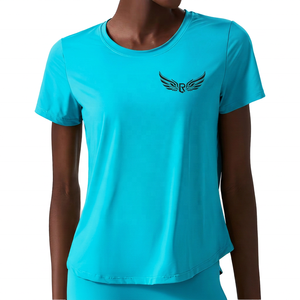 Camiseta Deportiva de Yoga para Mujer, Cuello Redondo, Manga Corta, Color Verde Oliva, Logotipo Bordado, Transpirable, Corte Regular, Color Sólido - Product Image 4