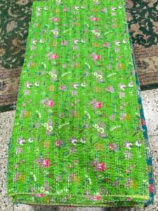 Hand <b>Quilted</b> Kantha Stitch Bedcover Reversible Cotton <b>Bedding</b> with Vintage Floral Print for Home Hotel and Resort Collection - Product Image 3