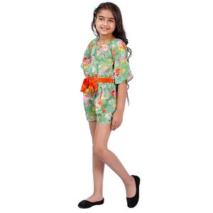 Conjunto de mono corto con estampado floral verde claro y cinturón naranja – Elegante y cómodo mono multicolor para niñas - Product Image 2