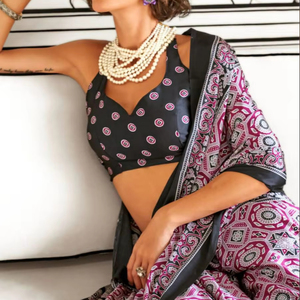 Textura muy suave... Peso ligero Ajrakh Impresión digital Bordado pesado Trabajo Kitty Party Special Ladies 'Wear Saree Blusa - Product Image 2