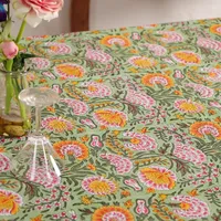 Nappe carrée en coton moderne, lavable, imprimée de motifs floraux faits à la main, verte et jaune, création Bohème, décoration de mariage