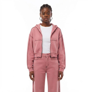 Ensemble survêtement femme : sweat à capuche court et pantalon de jogging long 100 % coton, coupe ample, fermeture éclair intégrale, style décontracté - Product Image 2