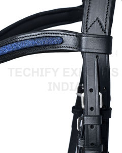 Brida de Cuero Negra Personalizada con Cristales Azules Brillantes, Cabezalera Acolchada, Correa Nasal, Cómoda y Duradera, para Equitación - Product Image 2