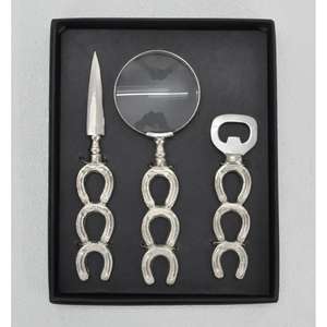 Ensemble de 3 ouvre-lettres en métal avec loupe et ouvre-bouteille, poignées style cheval, finition argentée, coffret cadeau de luxe - Product Image 5