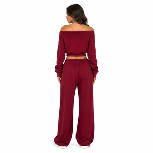 Ensemble tendance pour femme : sweat-shirt court à épaules dénudées et pantalon large en molleton doux – Survêtement décontracté – Vente en gros OEM - Product Image 3