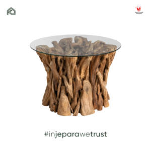 Table basse ronde en racine de teck massif artisanale avec plateau en verre trempé, style rustique, pour salon, hôtel, villa, resort - Product Image 3
