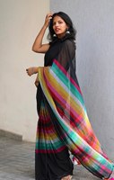 Saree Linen Sutra Hitam Wanita Dengan Pinggiran Berwarna-warni Pakaian Tradisional Etnik Untuk Acara Santai Gaya India Pakistan