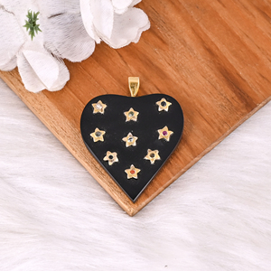 Stunning Celestial <b>Black</b> Onyx <b>Heart</b> Pendant Gold Star Inlay Luxury Statement Jewelry - Product Image 4