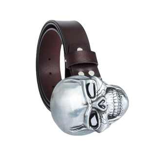 Ceinture en cuir véritable avec boucle tête de mort argentée, en cuir de vachette, décontractée, durable, moulée d'une seule pièce, noire et marron unies - Product Image 5