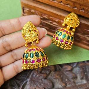 Gold Kemp Jhumka Pendant Earrings with Pearl and Diamond for Wedding Party Gift - Product Image 2