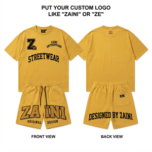 320 GSM Premium <b>Polyester</b> French Terry Knitted Summer Casual Men <b>T</b> <b>Shirt</b> Shorts Set Mustard Yellow Embossed Custom Logo OEM ODM - Product Image 1