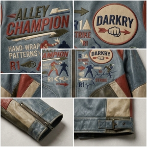 Blouson de motard pour homme en cuir gris chiné, avec motif 'Knuckle Wrap' et graphique d'arts martiaux, thème sportif - Product Image 6