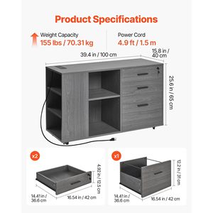 Armadietto Portadocumenti in Legno Regolabile a 3 Cassetti con Presa Elettrica, Mobile con Ruote e Ripiani Regolabili - Product Image 3