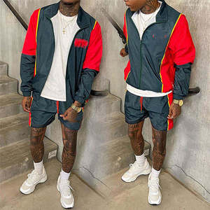 Ensemble de survêtement deux pièces fin avec broderie de logo personnalisé, veste coupe-vent zippée en nylon et polyester, et short pour homme - Product Image 1
