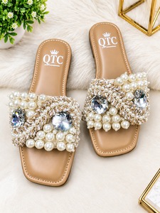 Women Pearl Beaded Flat Slide <b>Sandals</b> Suede Upper Pointed Toe Comfortable Anti-Slip <b>Elastic</b> Band Outdoor All Season Shoes - Product Image 1