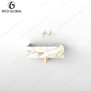 Lavabo rectangulaire mural en marbre avec robinet à bouton plaqué or, design minimaliste, facile à nettoyer, finition polie - Product Image 3