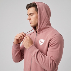 Dumela Men's <b>Pink</b> Hooded Zip-Up Fleece <b>Sweatshirt</b> Regular Fit Casual Autumn Wear Heat-Transfer Logo Front - Product Image 3