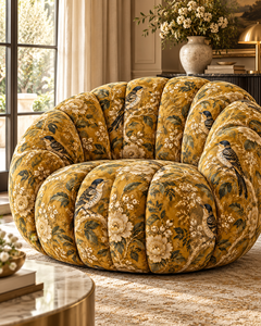 Tela brocada jacquard amarilla con motivos botánicos y de aves, con detalles dorados, para tapicería y decoración de muebles. - Product Image 3