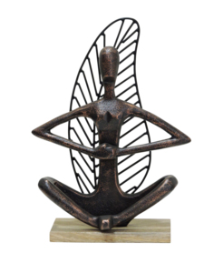 Modern Abstract Yoga Sculpture - Black & Gold Aluminium Meditating Figurine with <b>Leaf</b> Backdrop on Wood Base for Zen Home Decor - Product Image 3