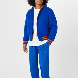 Veste universitaire bleu royal premium pour homme avec col montant, fermeture à boutons-pression, poignets et ourlet en tricot côtelé rayé, et poches latérales - Product Image 3
