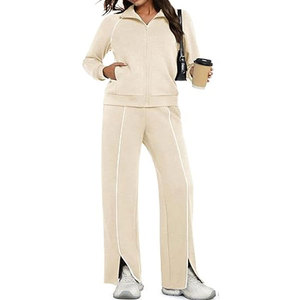 Conjunto de 2 piezas vintage 100% algodón transpirable, chándal informal con cremallera para otoño 2026, pantalones de pierna ancha para viaje - Product Image 1