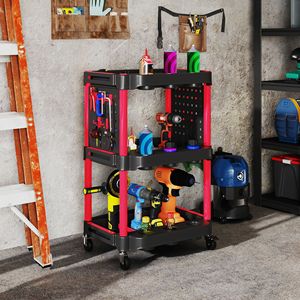 "200 LBS Capacity 3-Tier Rolling <b>Tool</b> <b>Cart</b> with Side Shelves <b>for</b> Garage & Workshop Black&Red" - Product Image 2