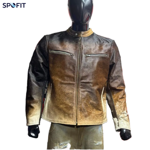 Unisex Autumn Retro Washed Leather Biker Jacket with Gradient <b>Zip</b> Design Waterproof & Windproof Solid Pattern Standing Collar - Product Image 6