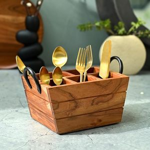 Porte-ustensiles en bois de qualité supérieure en forme de bateau, organisateur à 5 compartiments avec poignée - Product Image 4