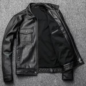 Chaqueta Casual de Cuero Genuino Negra para Hombre, con Cuello Camisero, Cierre Frontal, Chaqueta de Cuero para Exteriores con Múltiples Bolsillos - Product Image 3