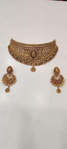 Conjunto de Collar de Oro Sólido de 22K para Novia con Centro de Rubí, Perlas Doradas en Cascada y Gotas de Gemas Color Granate para Mujer - Product Image 3