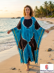 Vestido Kaftán Bohemio Tie Dye para Mujer, Holgado, Largo hasta el Tobillo, Manga Corta, para Playa, Verano, Chifón Viscosa, Cuello Redondo, OEM ODM - Product Image 3